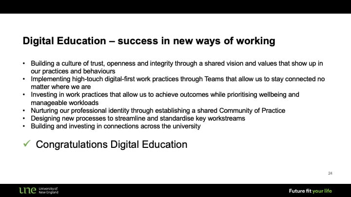 Screenshot of a UNE-branded slide titled 'Digital Education - success in new ways of working' with dot points that capture successes