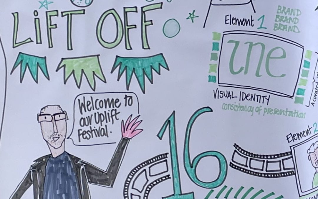 A segment of artwork from the live festival drawing, showing Steve Warburton saying 'welcome to our Uplift Festival'. The words 'Lift off' and '16 elements' are visible along with various graphic elements and the UNE logo.