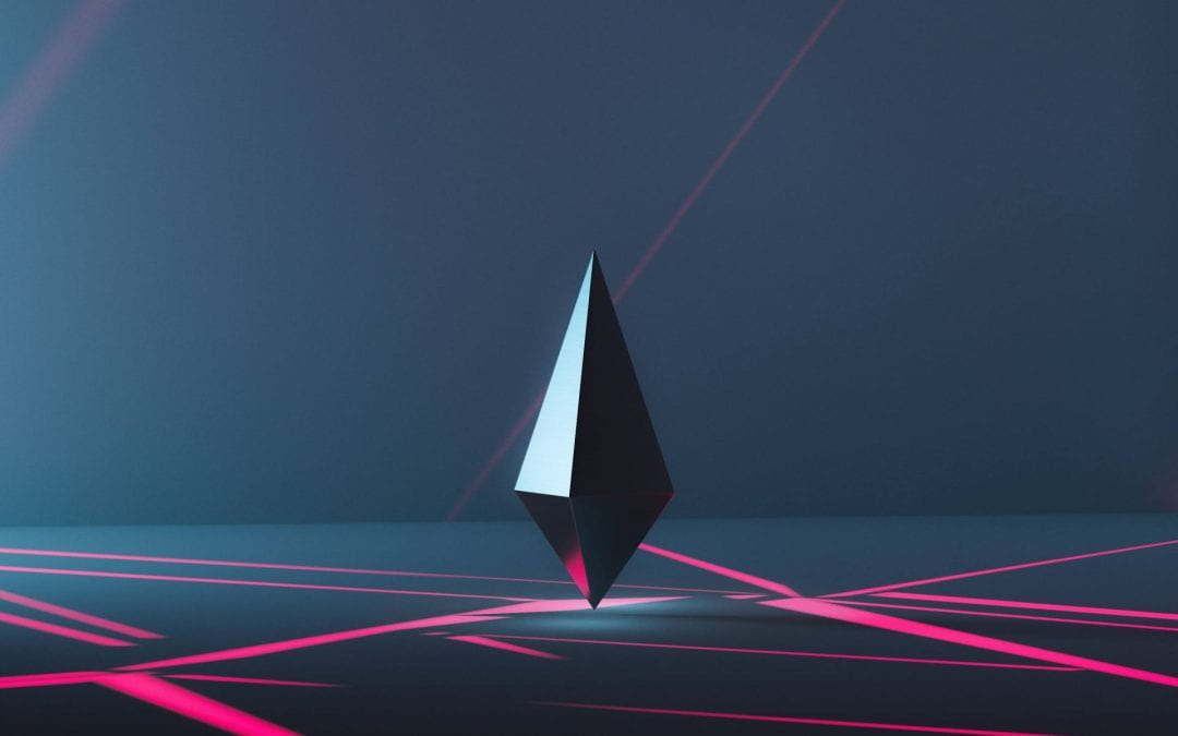 A 3D rendering with a dark silver diamond shape on a dark background with bright pink lines radiating out.