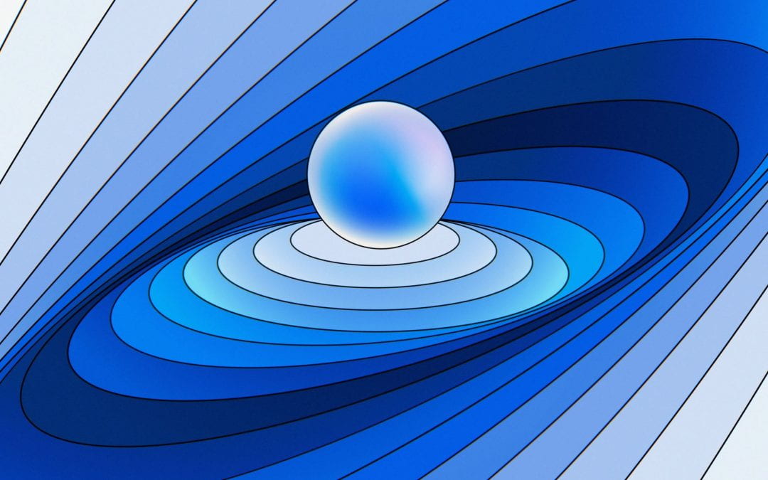 An artistic representation of AI accountability. It is a blue sphere in the middle of rotating rings.