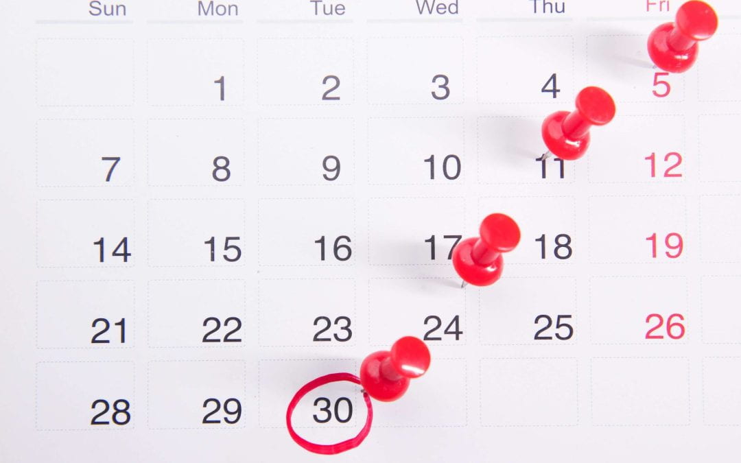 A calendar page with red pins and the 30th of the month is circled in red texta.