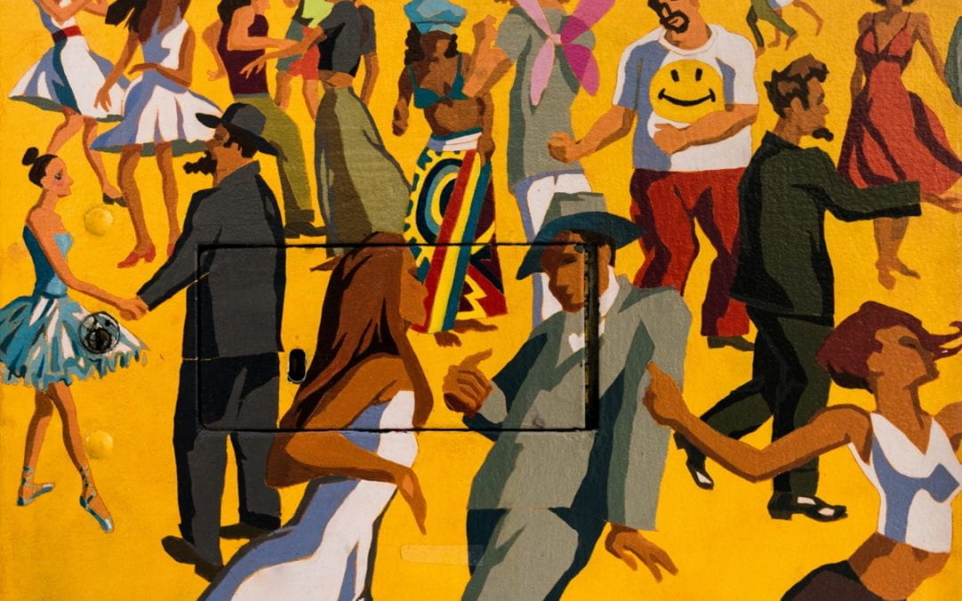 A painting featuring stylized characters dancing. A range of different skin colours, clothing and presentations are depicted.