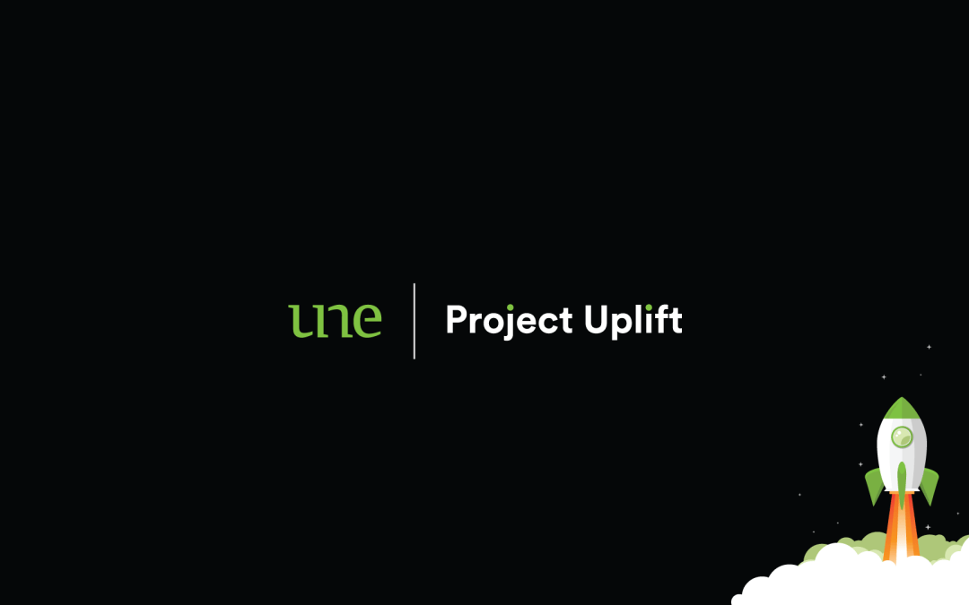 A header image with the Project Uplift rocket illustration launching from the bottom corner. The UNE logo and 'Project Uplift' are in the centre.