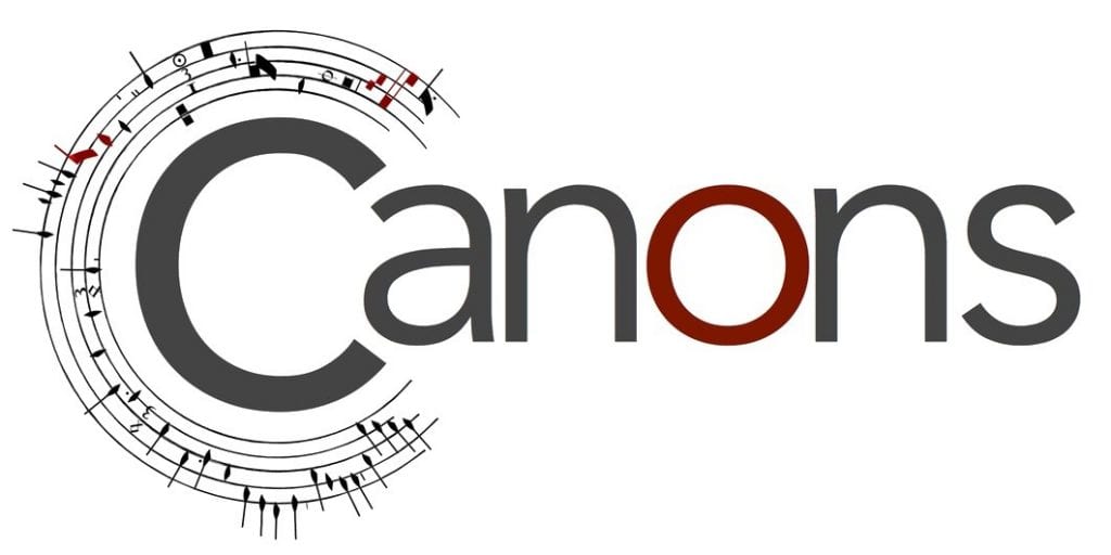 Word 'canons' featuring a graphic of canonic music curving around the 'C'