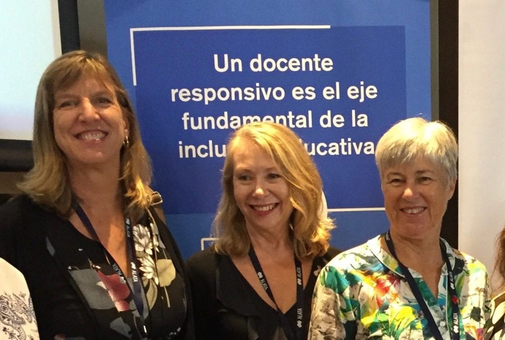 Dr Anne Bellert, Professor Lorraine Graham and A/Professor Jeanette Berman in Guayaquil, Ecuador. The banner reads: ‘A responsive teacher is fundamental to inclusive education’.