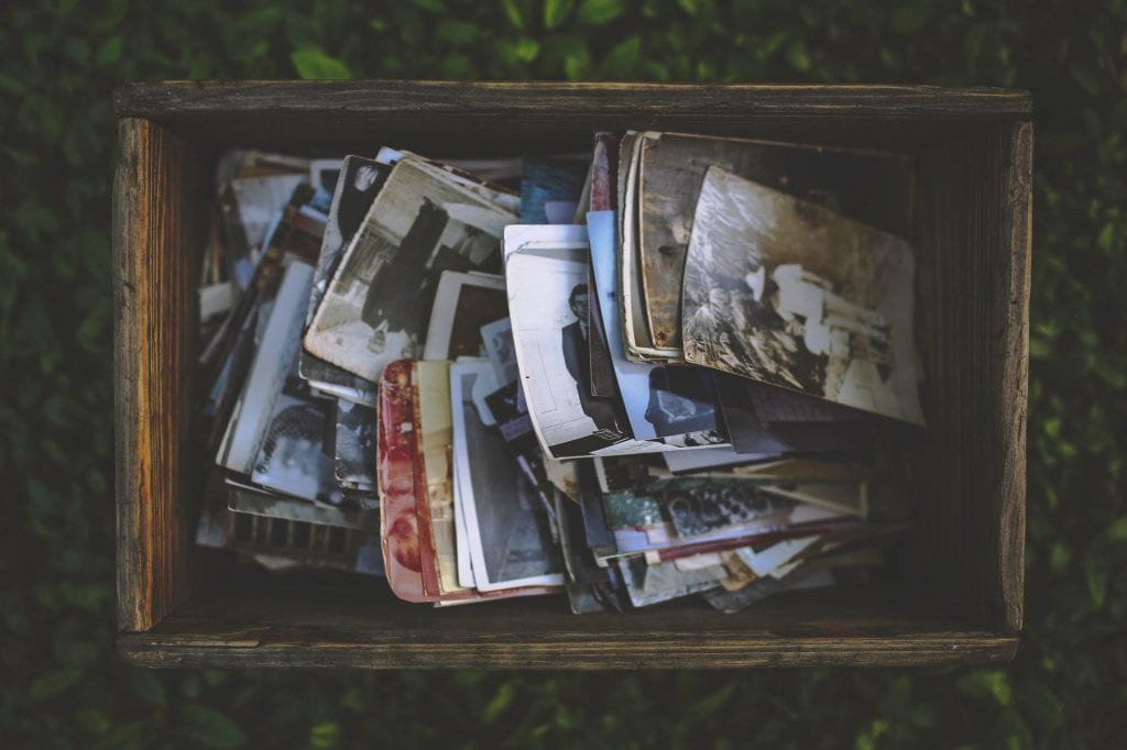 Antique wooden box of old photographs