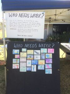 A board titled, Who needs water? with post-it thoughts and contributions