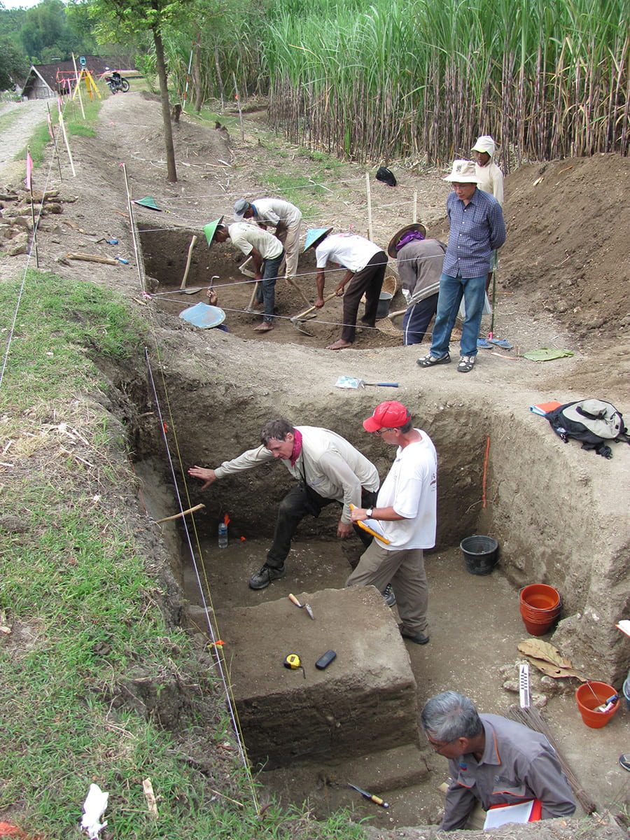 A team of archaeologists excavating the site in Ngandong, Java, where skulls of 'Homo erectus' (ancestors of modern humans) were found.