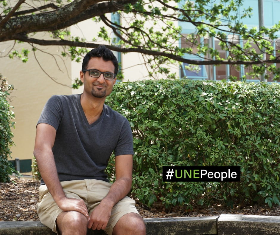 Casual portrait image of Dr Arvind Iyengar at UNE's Armidale campus