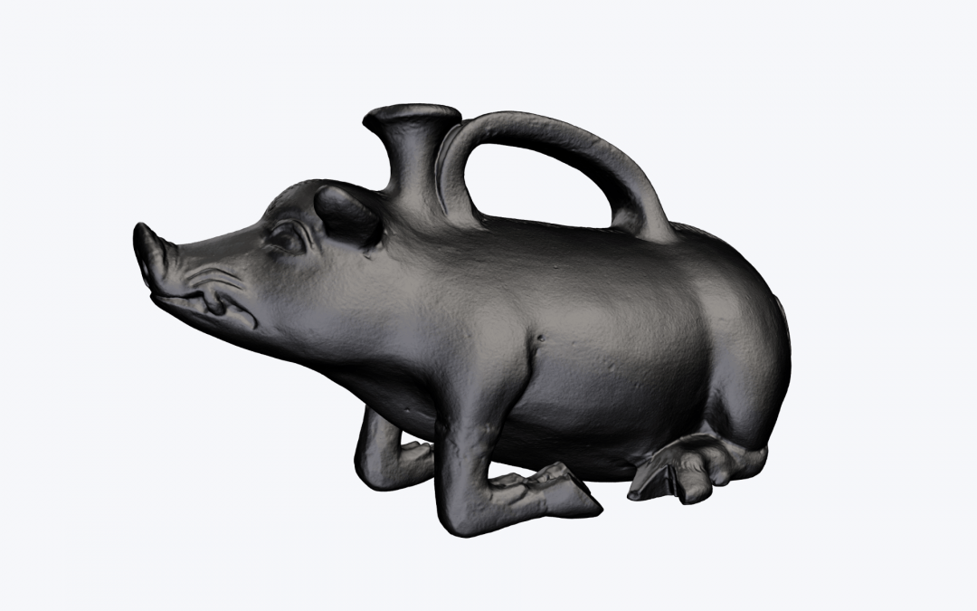 3D scan image of an ancient boar-shaped vessel with handle and spout from UNE's Museum of Antiquities