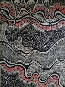 Artwork that tells a secret story in Aboriginal culture. It features black, white and red colours arranged in layers like the strata in the earth