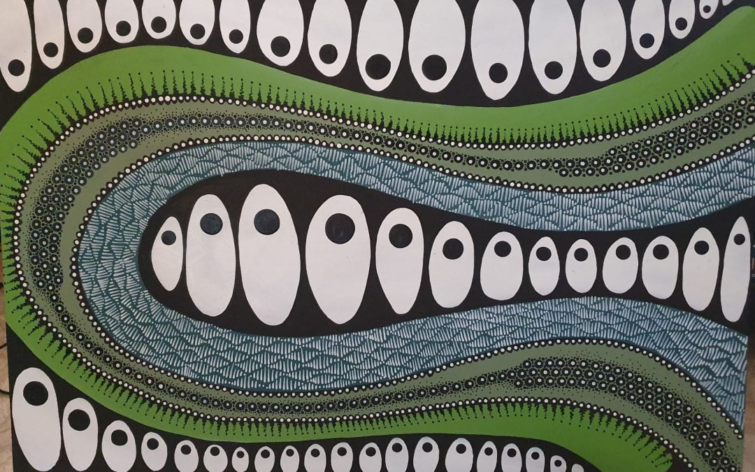 Painting using contemporary and traditional Aboriginal techniques. The painting features a sinuous serpent-like ribbon of green and blue, and egg-like shapes, representative of water.