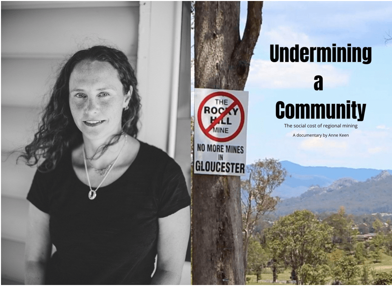 Portrait image of Anne Keen next to a poster of her documentary 'undermining a community'