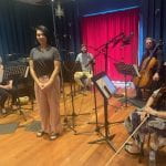 Georgina and the musicians at Beechwood Studios, photo by Julie Collins