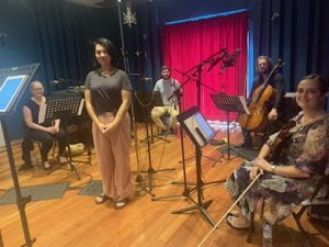 Georgina and the musicians at Beechwood Studios, photo by Julie Collins