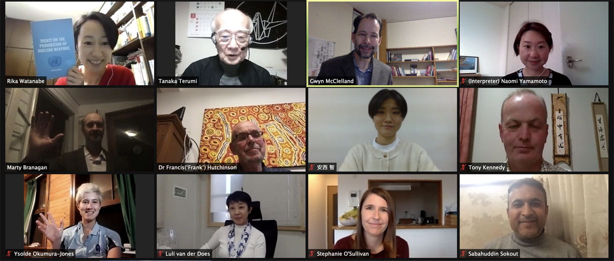 Attendees of the Nuclear Weapons After the Ban webinar, including Tanaka Terumi