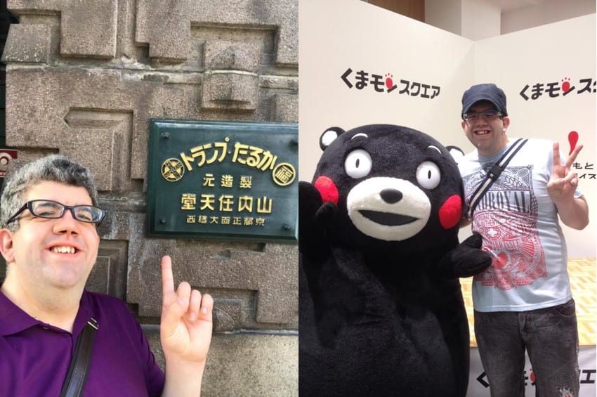 Danial Newman travel photos in Japan - with a plaque and a life-size bear character
