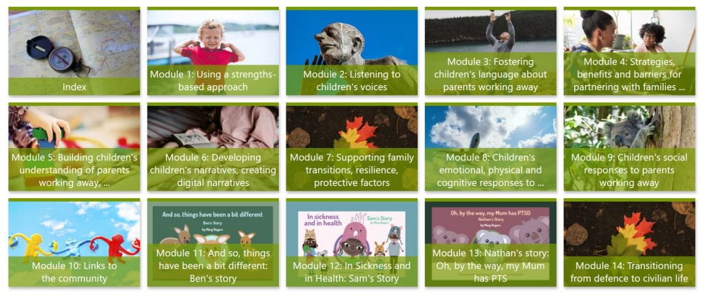 Thumbnail images of the educator modules now available as part of a suite of resources to support families who work away.