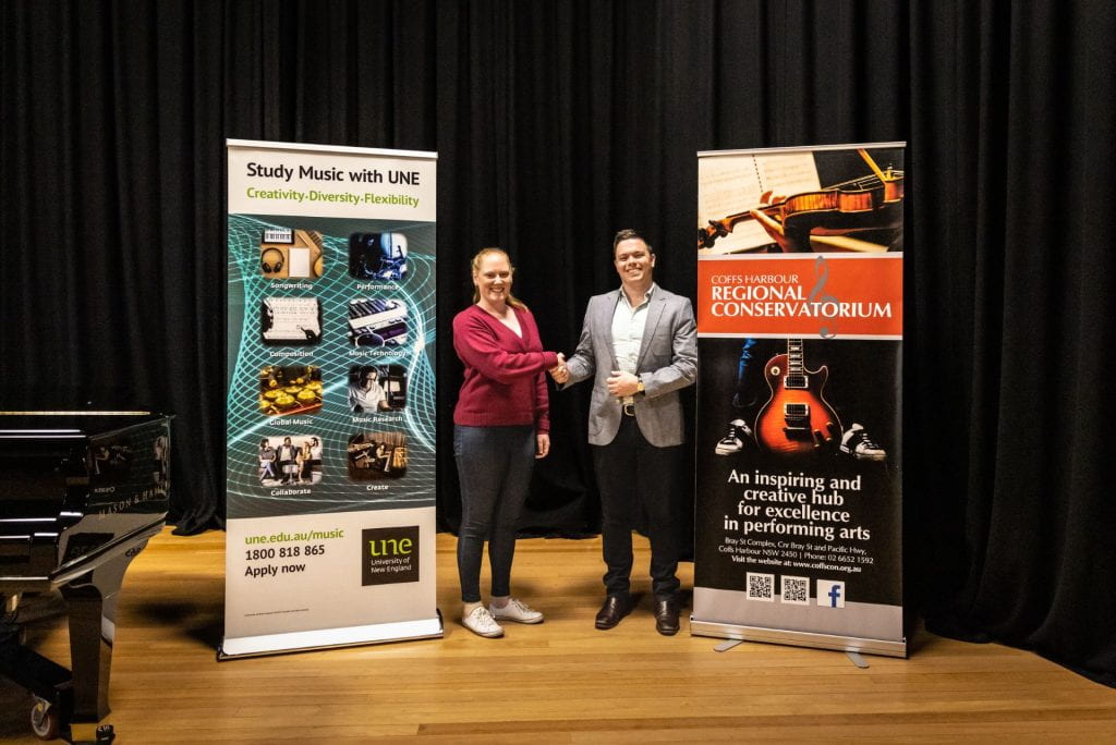 Dr Alana Blackburn from UNE Music and Patrick Brearley from the Coffs Harbour Regional Conservatorium at the launch of a new education partnership for the Coffs Coast area