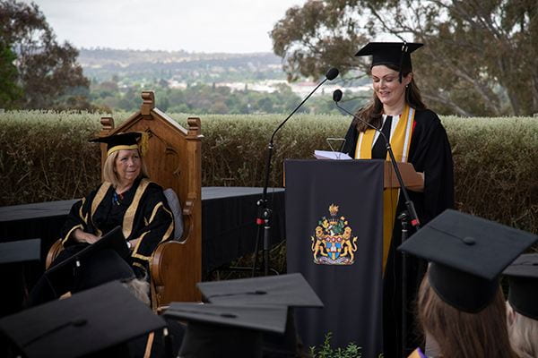 Lisa Bell on her graduation day, delivering hte Vote of Thanks on behalf of students