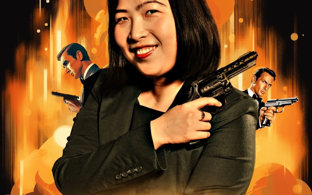 Dr Xiang Gao with fake pistol, and AI-generated Bond motifs.