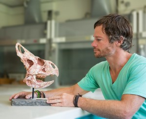 Phil Bell examining a dinosaur skull