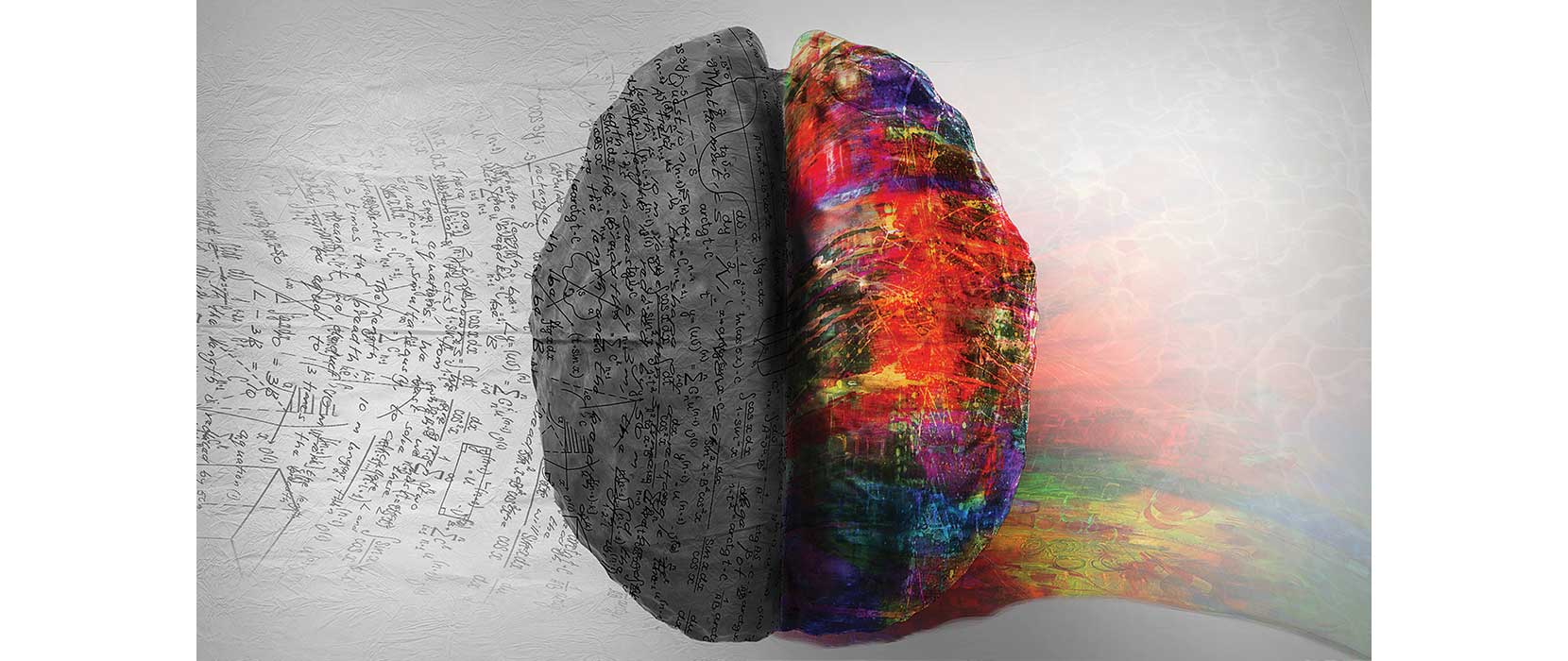 Graphic design of a brain, half in technicolour, half greyed out with scientific script over the greyed-out section.