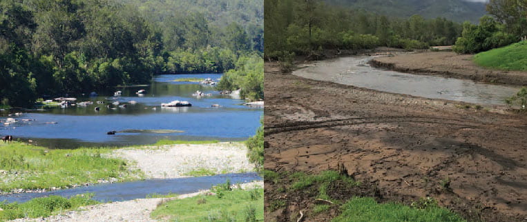 A side by side comparison of a river ecosystem following with water with greenery and a lower-running river.